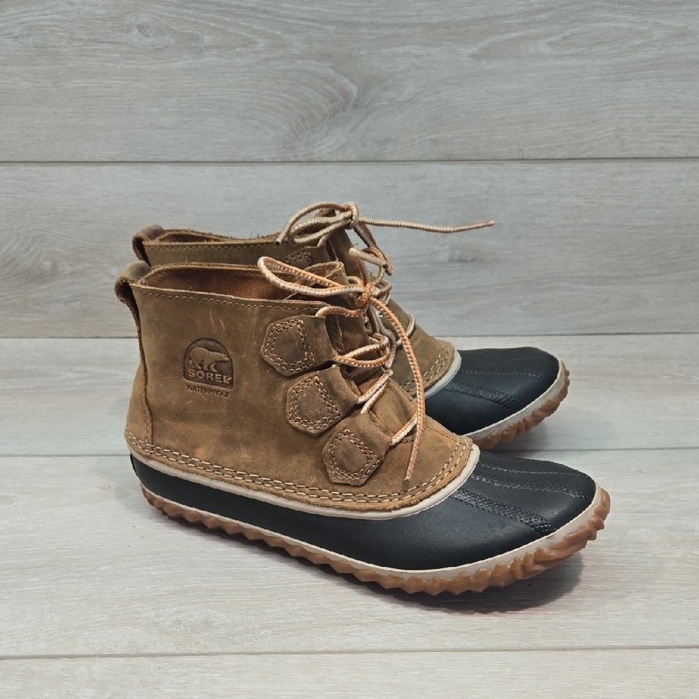Sorel Women Out N About Duck Leather Brown& Black Lace-Up Boots Shoes Sz 7